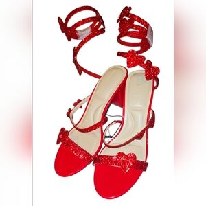 Red Rhinestone Strappy Heels Women 8.5 Ankle Wrap Sparkly Heels